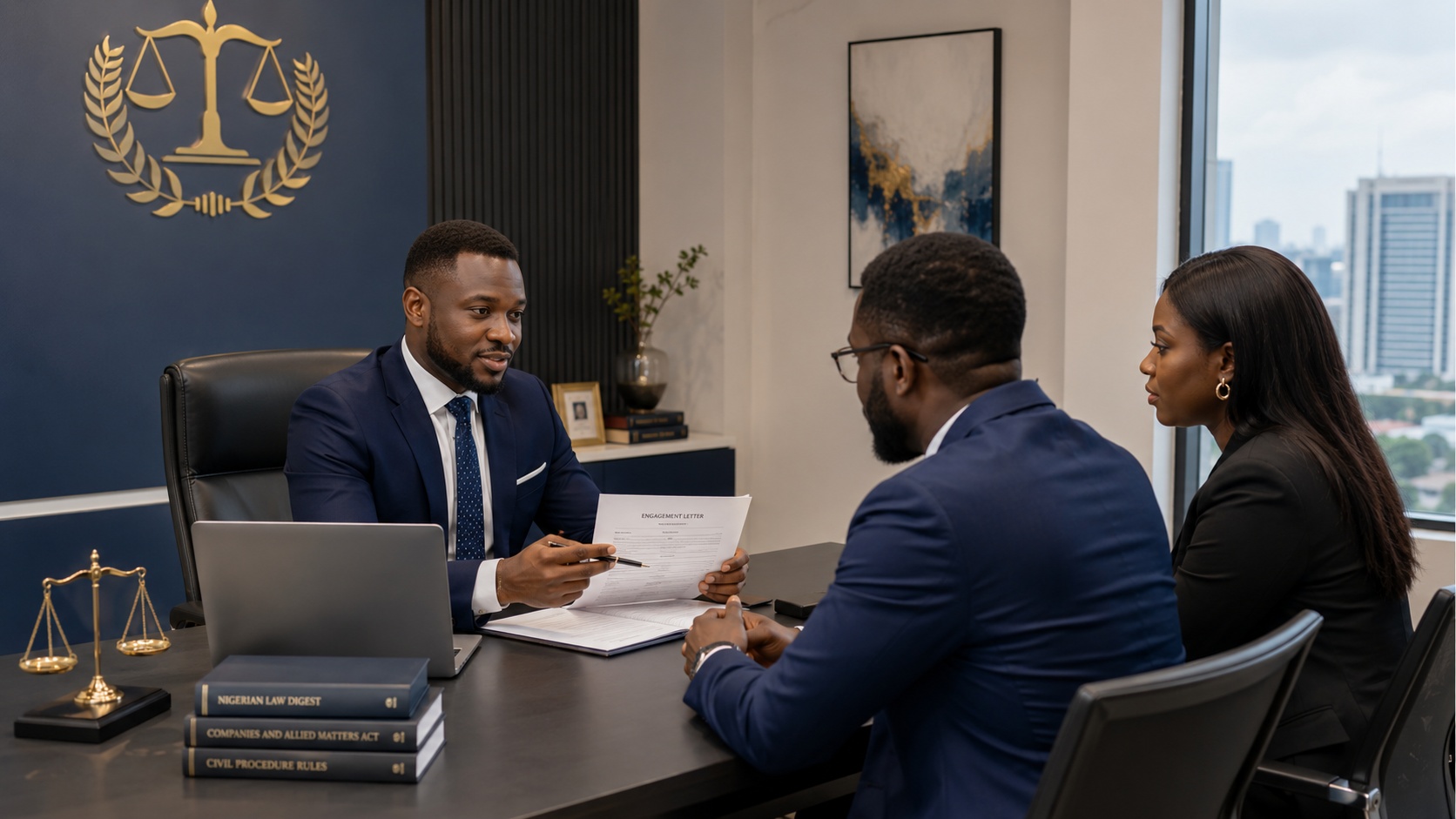 Legal adviser explaining documents during client consultation