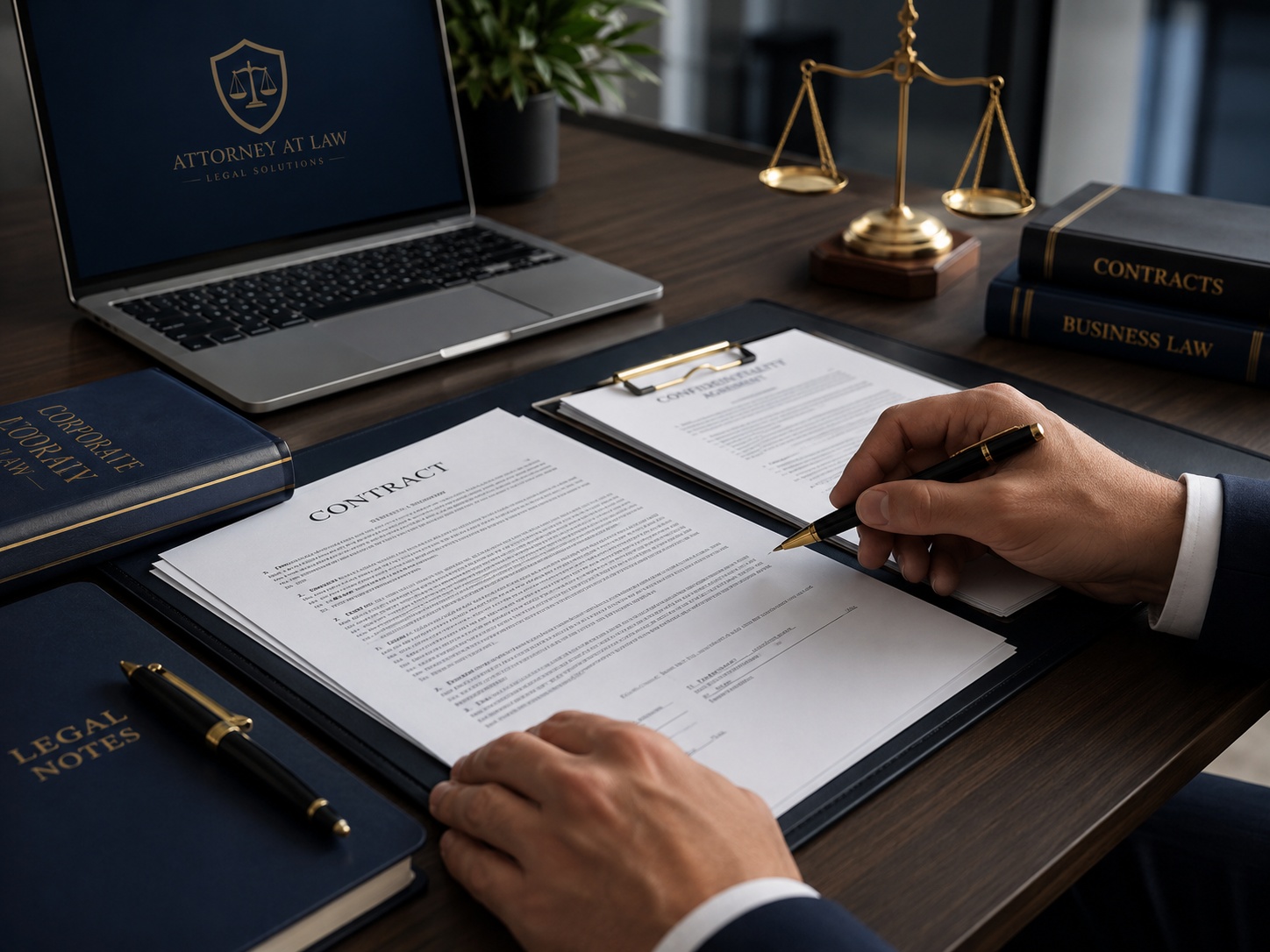 Contract and legal document review on a law office desk