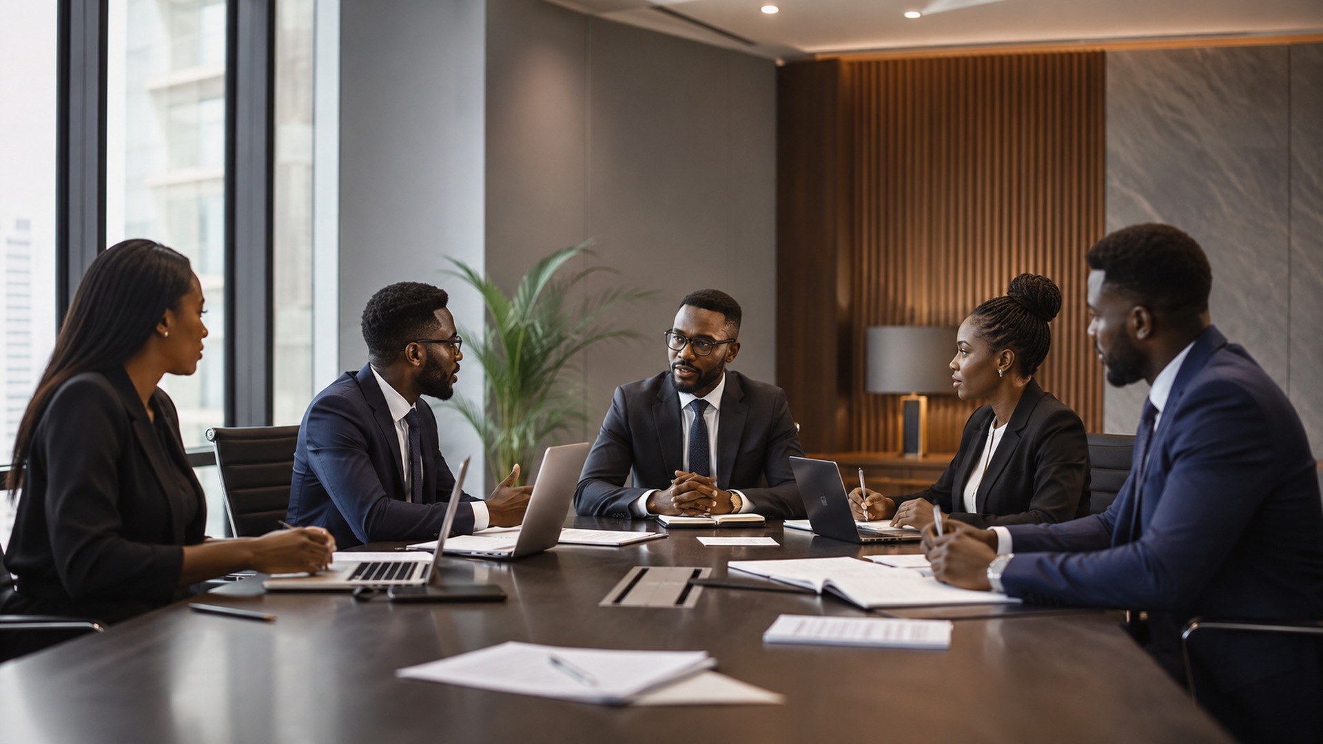 Lawyers in a boardroom meeting reviewing documents
